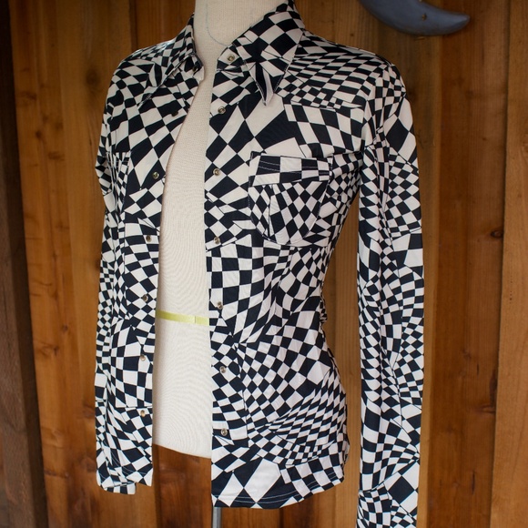 Vintage BEBE DISCO Black & White Checkered Long Sleeve Button Down Blouse - Picture 3 of 17